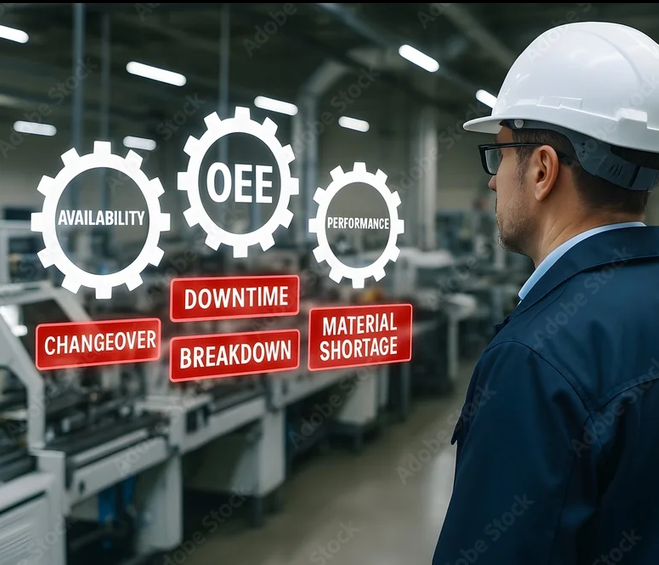 screenshot 2026 07 22 at 01 31 22 zdjęcie bez tantiem a worker inspecting the manufacturing process with oee elements overlaid on a modern industrial setting adobe stock